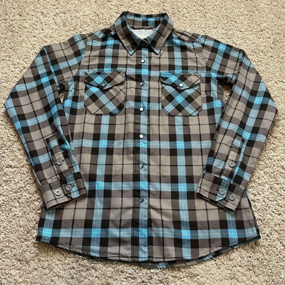 Dixxon OBcean Blue Tan Plaid Womens Pearl Snap Flannel Size Small EUC